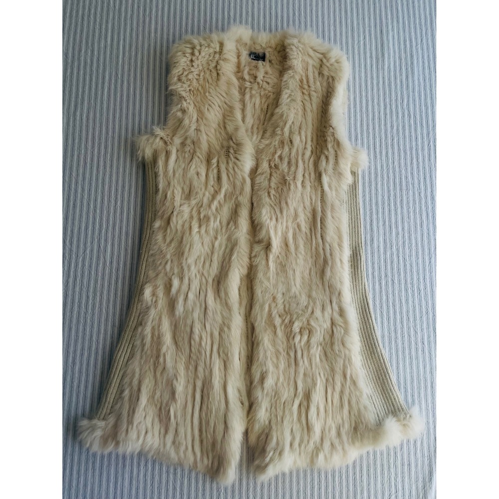 Love Token Womens Cream Real Rabbit Fur Ribbed Knit Longline Open Front Vest S